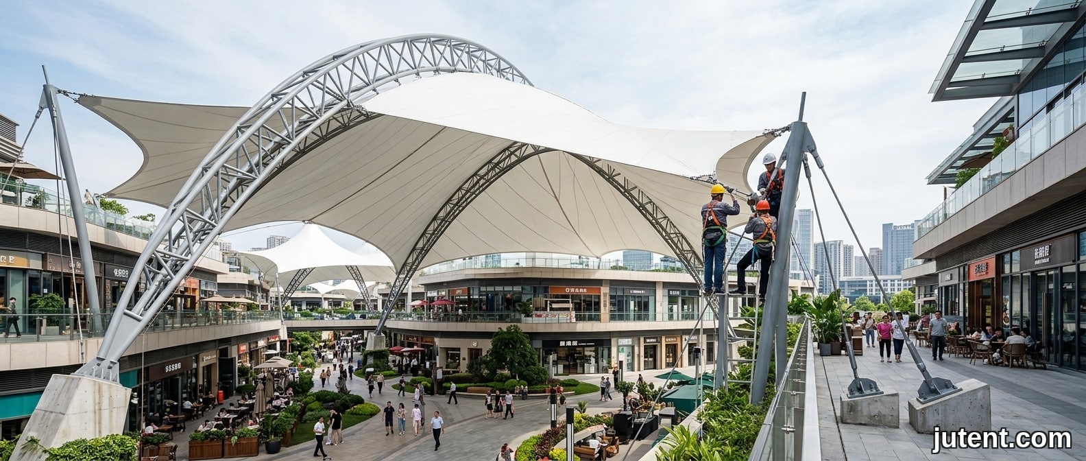 Modern tensile membrane canopy shading a retail walkway in Dubai with intense sunlight and heat haze visible