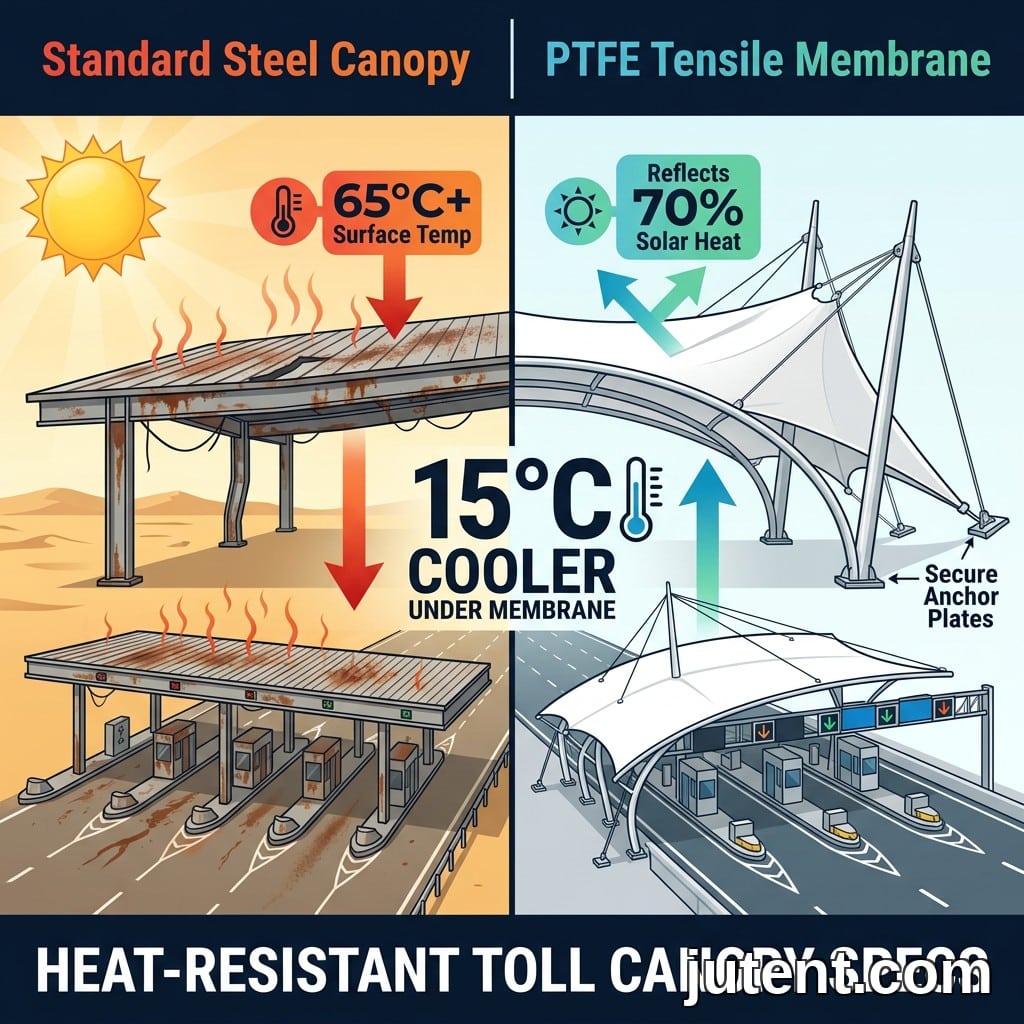 Comparison infographic showing standard steel toll canopy overheating versus cool PTFE tensile membrane canopy for highway toll plaza in desert climate