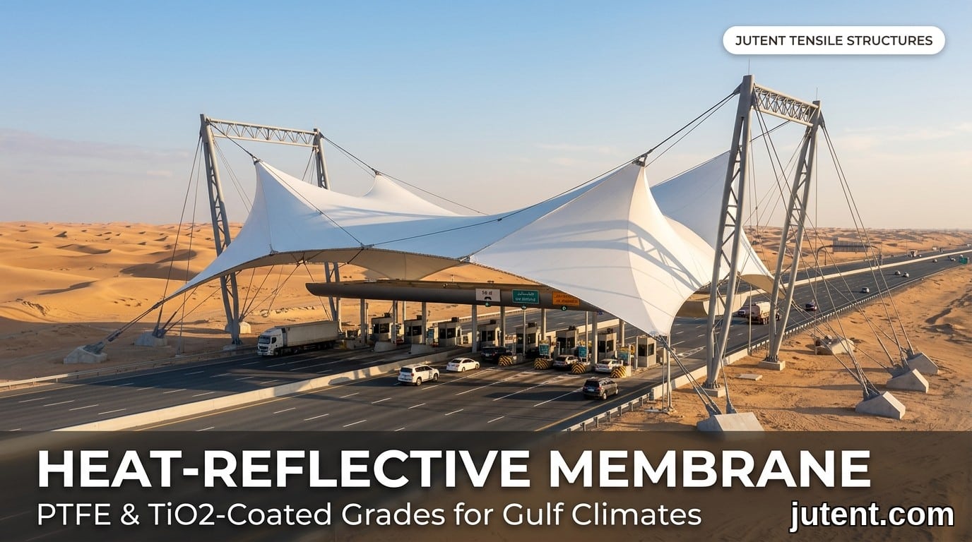 White PTFE tensile membrane canopy over highway toll station in desert, supported by steel masts and cables, reflecting sunlight