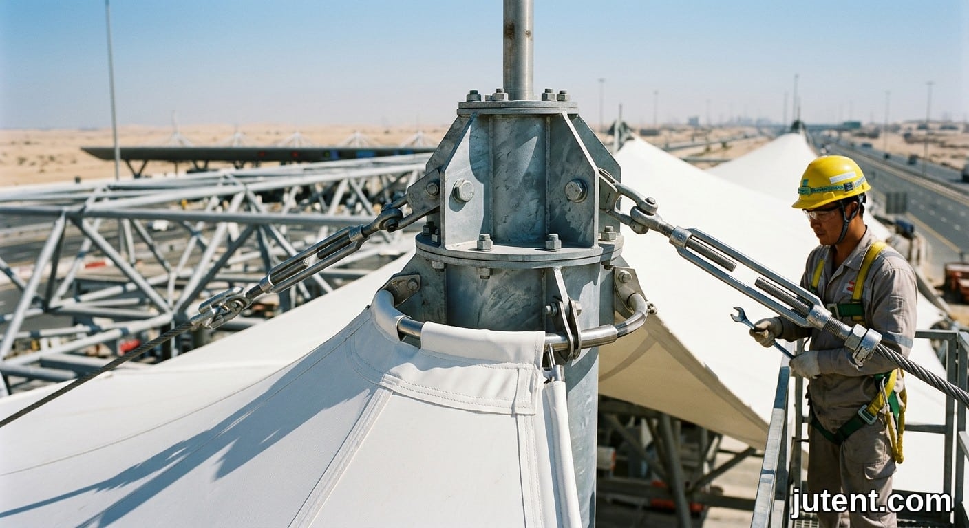 Close-up of steel mast top with ridge cables and edge cables tensioning a white PTFE tensile membrane for a toll canopy structure