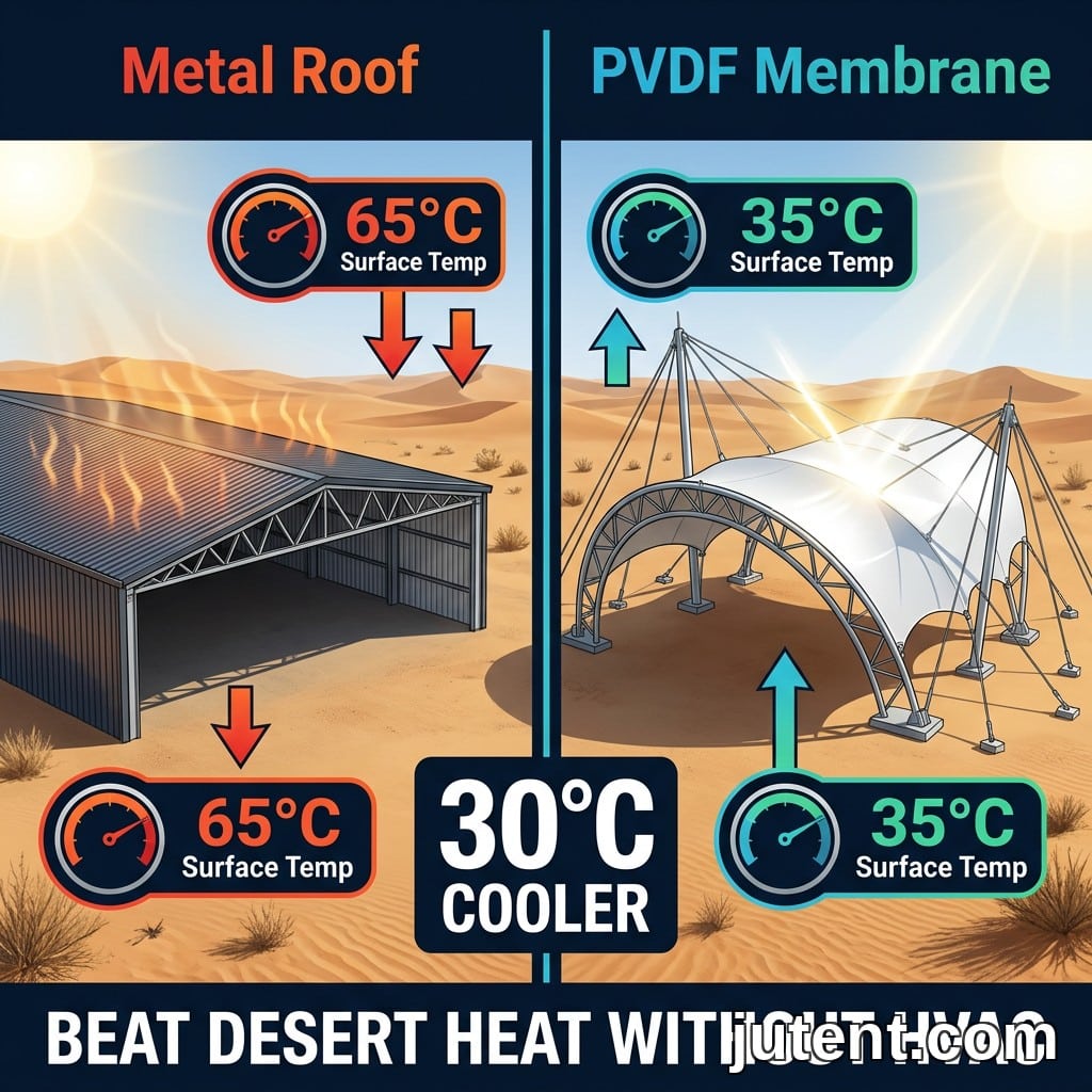 Infografía comparativa dividida que muestra un techo metálico a 65 °C de temperatura superficial versus un techo de membrana tensada a 35 °C de temperatura superficial en un entorno desértico
