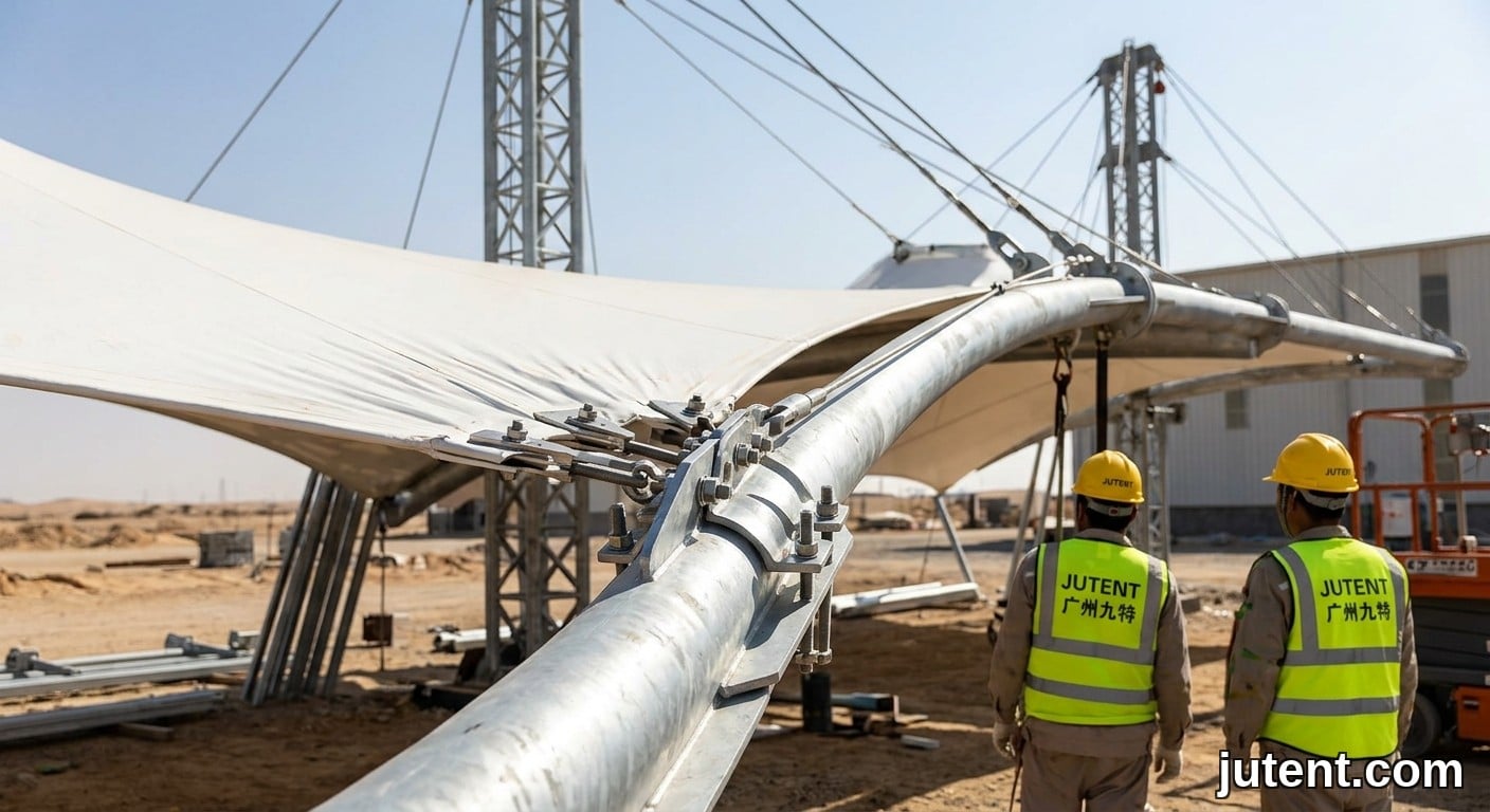 Primer plano de una membrana tensada de PTFE blanco sujeta a una viga de borde de acero curvada con herrajes de acero inoxidable, que muestra líneas de tensión y tensores de cable