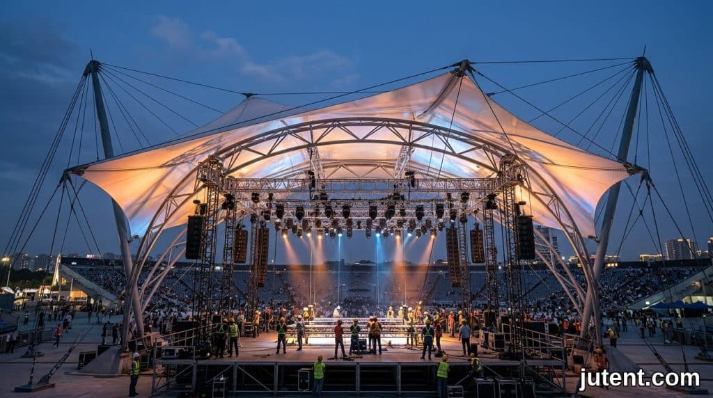 Cobertura personalizada de membrana tensionada para palco de show, suportando rigging pesado de iluminação e áudio em local externo costeiro