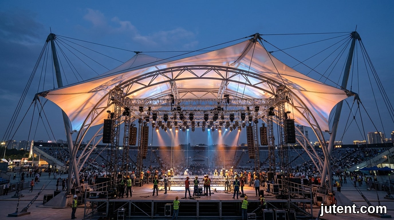 Custom tensile membrane canopy for concert stage roof supporting heavy lighting and audio rigging at coastal outdoor venue