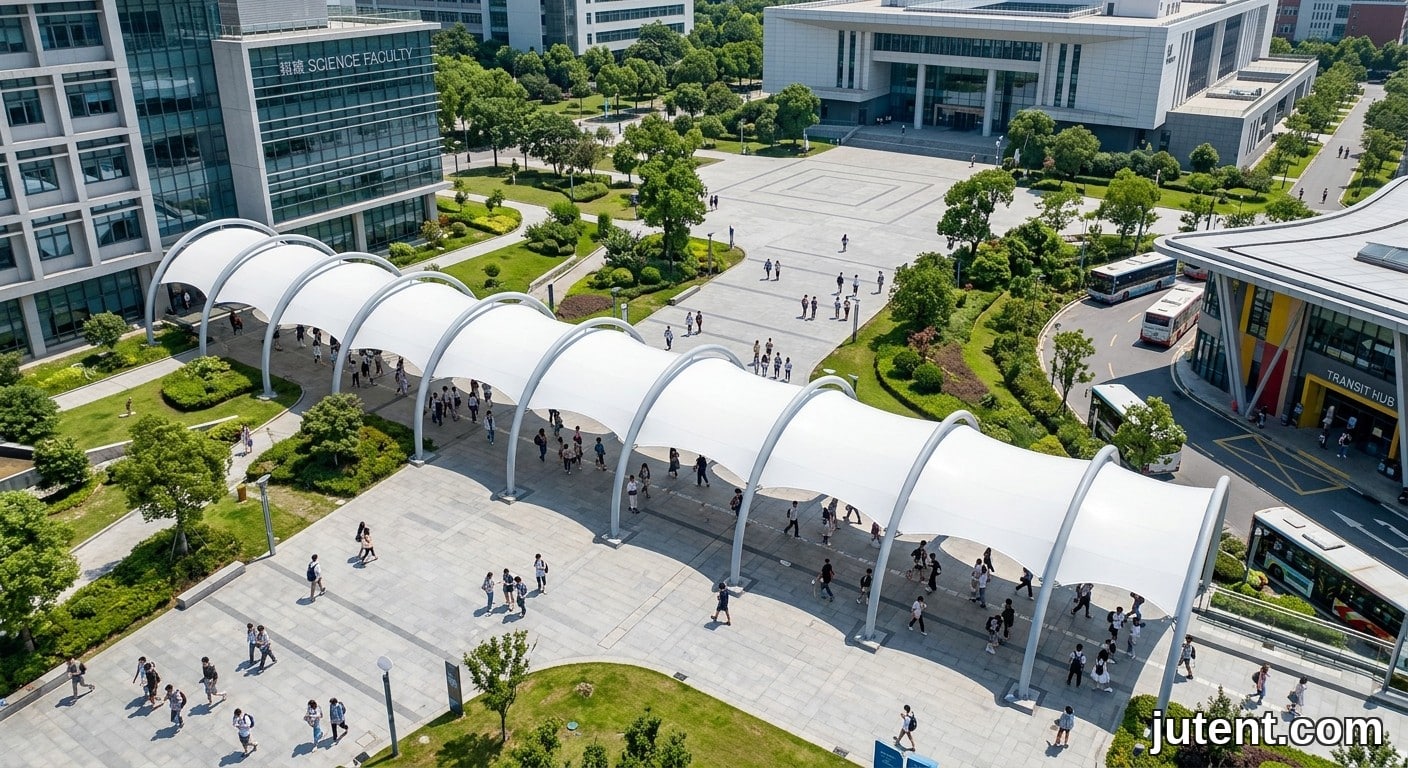 Drone photo of a 120-meter tensile canopy connecting buildings, with columns spaced 15m apart, showing long-span PTFE membrane design.