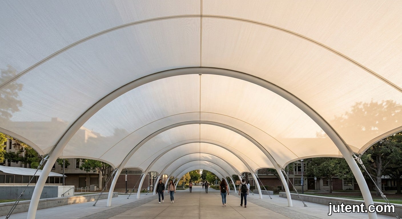 Looking up at taut white membrane canopy from below, steel arches at 15m spacing, soft diffused light, students walking.