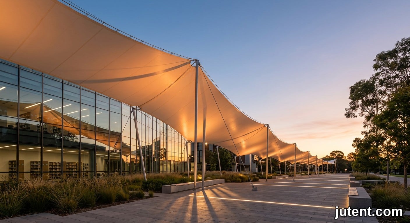 Wide architectural shot of completed white tensile canopy at sunset, glowing membrane on slender masts, no people, campus setting.