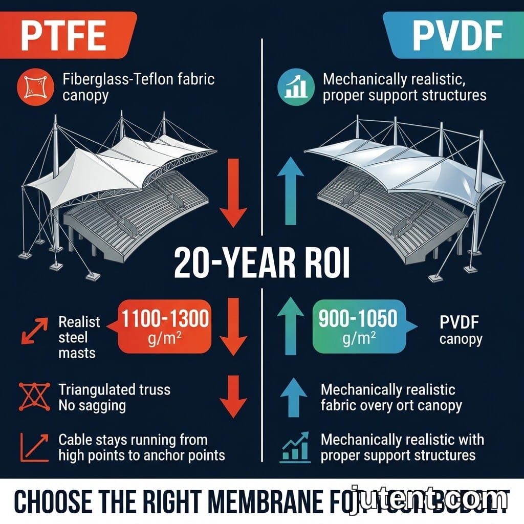 Infographie comparative divisée des toiles de membrane tendue en PTFE et PVDF pour auvents de gradins montrant les différences de poids et de retour sur investissement à long terme