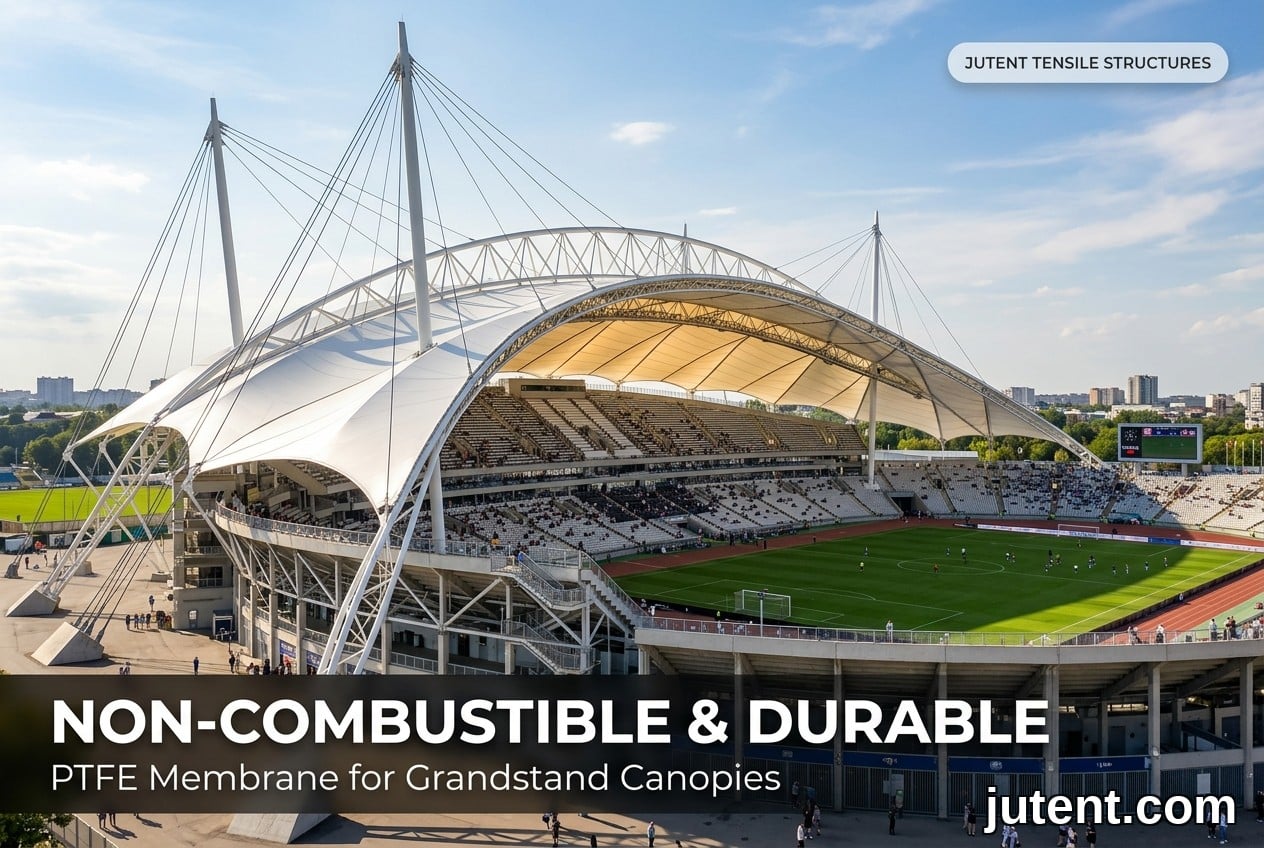 Toile de membrane tendue blanche en PTFE pour auvent de gradins soutenue par des mâts en acier et des câbles au-dessus d'une zone de sièges de stade