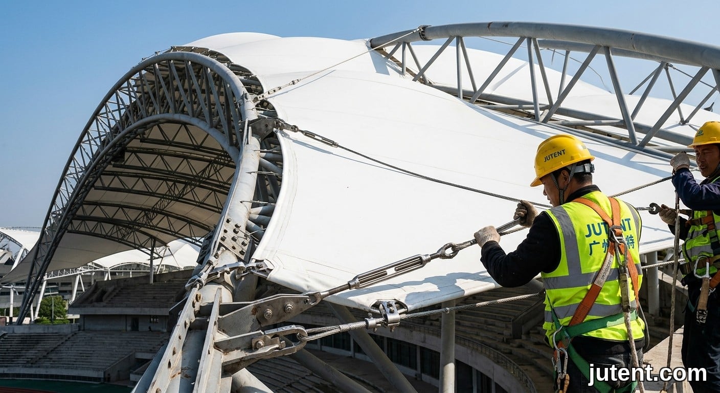 Ouvriers installant un panneau de membrane tendue en PVDF sur un auvent de gradins à l'aide de câbles de bord et de matériel de mise sous tension