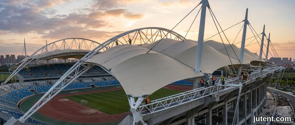 Cobertura de arquibancada de membrana tracionada em PTFE sob luz solar, comparando PTFE vs PVDF para análise de ROI de longo prazo