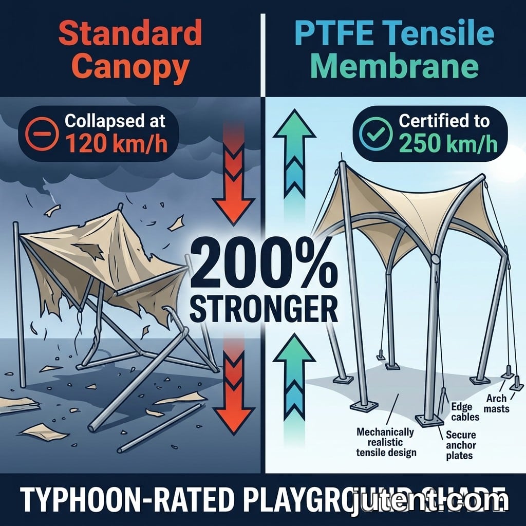 Comparação dividida mostrando cobertura padrão colapsada à esquerda e cobertura de playground em membrana de PTFE para tufões intacta à direita