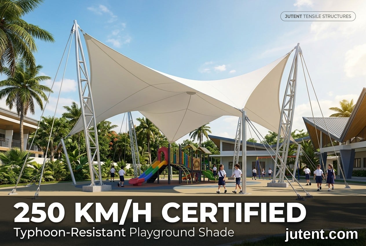 Grande cobertura de playground em membrana de PTFE branca com formato paraboloide hiperbólico, suportada por mastros e cabos de aço galvanizado, crianças brincando embaixo em ambiente tropical
