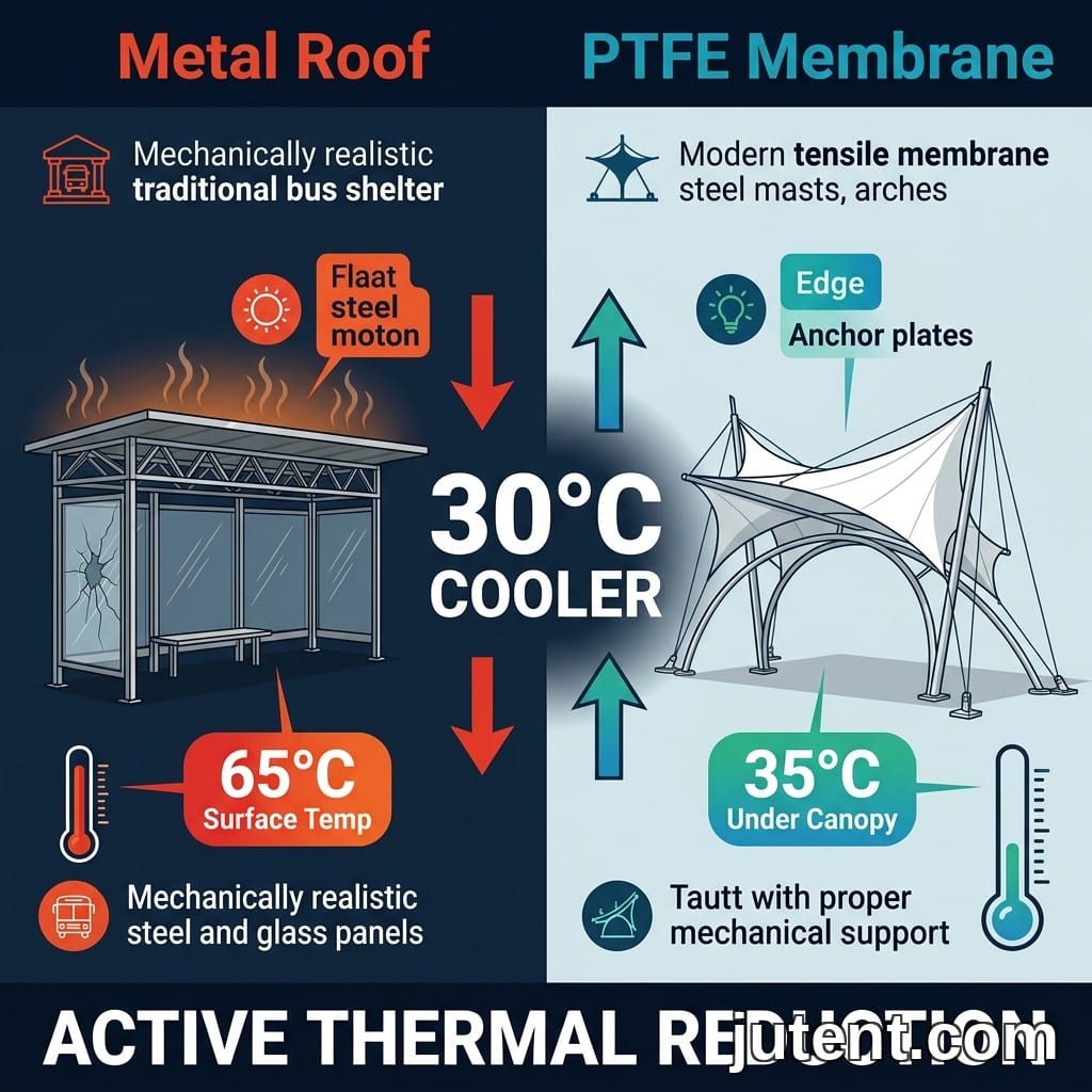 Infográfico comparativo mostrando um teto de abrigo de ônibus metálico quente a 65°C versus uma cobertura de membrana tracionada fresca a 35°C em um cenário desértico do Oriente Médio.