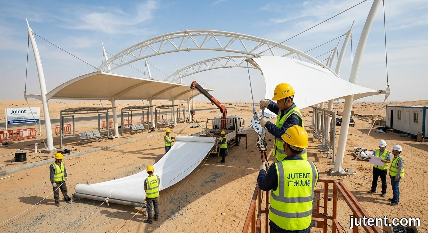 Trabalhadores da construção civil instalando uma cobertura de membrana tracionada de PTFE branco sobre uma estrutura de aço para uma estação de ônibus em um ambiente desértico arenoso.
