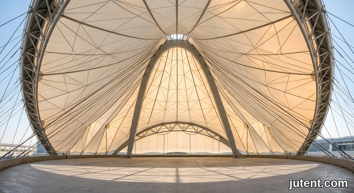 Wide interior upward view of a large-span white PTFE tensile membrane stage roof supported by a curved steel mast, with soft sunlight filtering through.