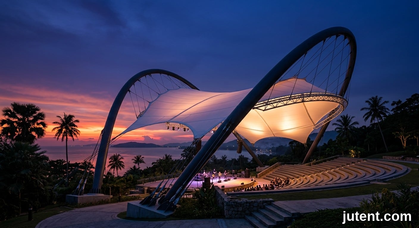 Night view of a glowing white tensile membrane amphitheater roof supported by arched masts under a twilight sky with palm silhouettes.