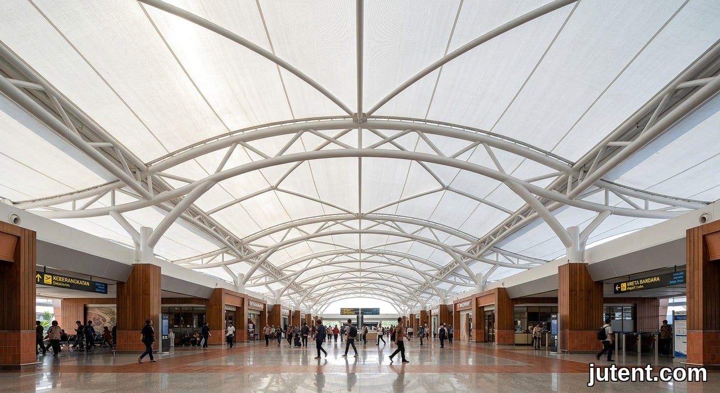 Olhando para um claraboia de tecido tensionado em um centro de transporte, luz solar difusa através da membrana de PTFE, estrutura arqueada