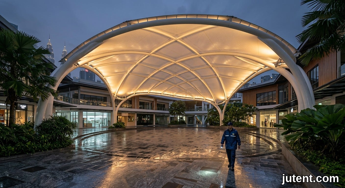 Foto noturna de cobertura de membrana tensil brilhante sobre praça comercial após a chuva, refletindo luzes, tecido esticado.