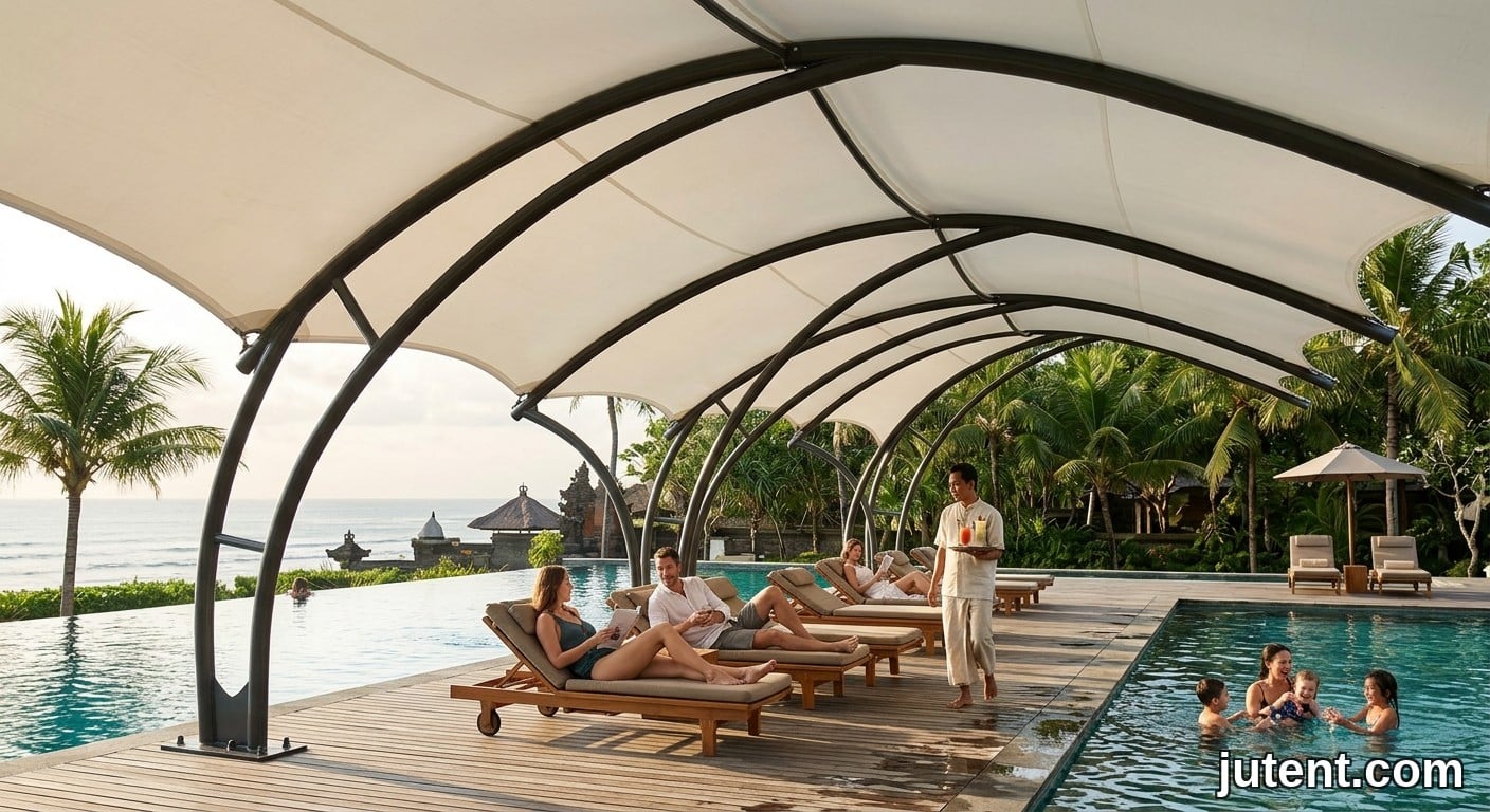 Luxury resort guests relaxing under a flowing white tensile membrane canopy by an infinity pool, demonstrating typhoon-resistant shading design