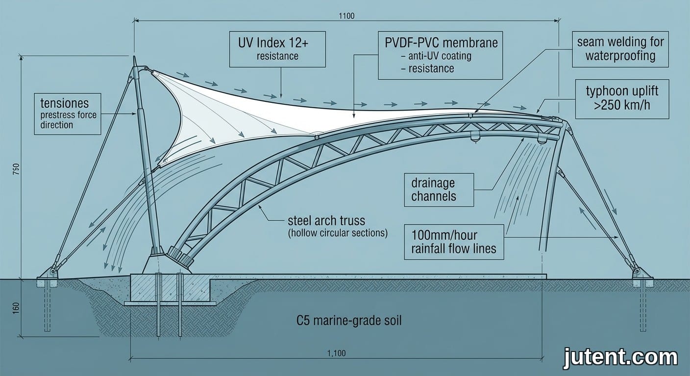 Labeled architectural cross-section of a tensile membrane canopy showing PVDF fabric, steel arch, and typhoon load annotations for hotel applications