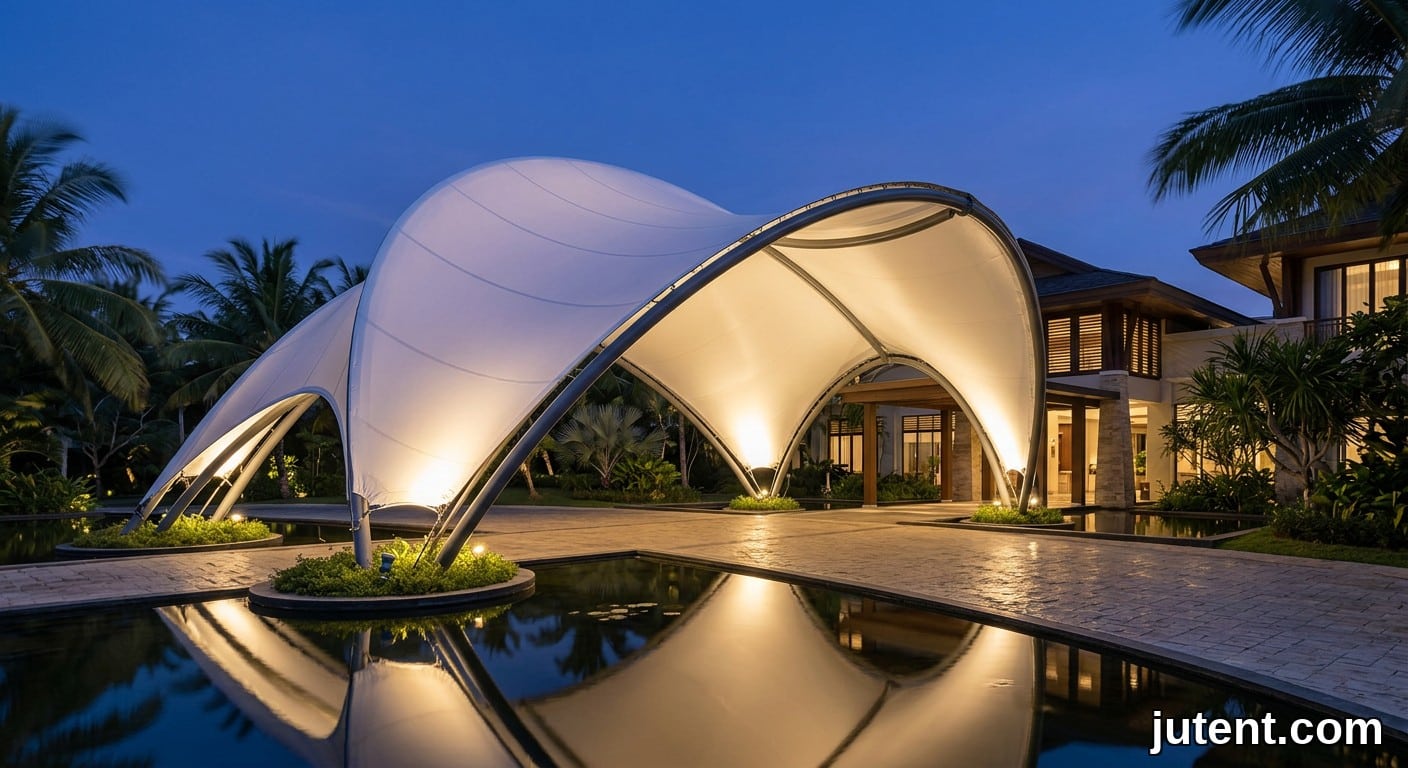 Illuminated white tensile membrane canopy at a tropical hotel entrance at night, reflecting in a pond, engineered for typhoon resistance