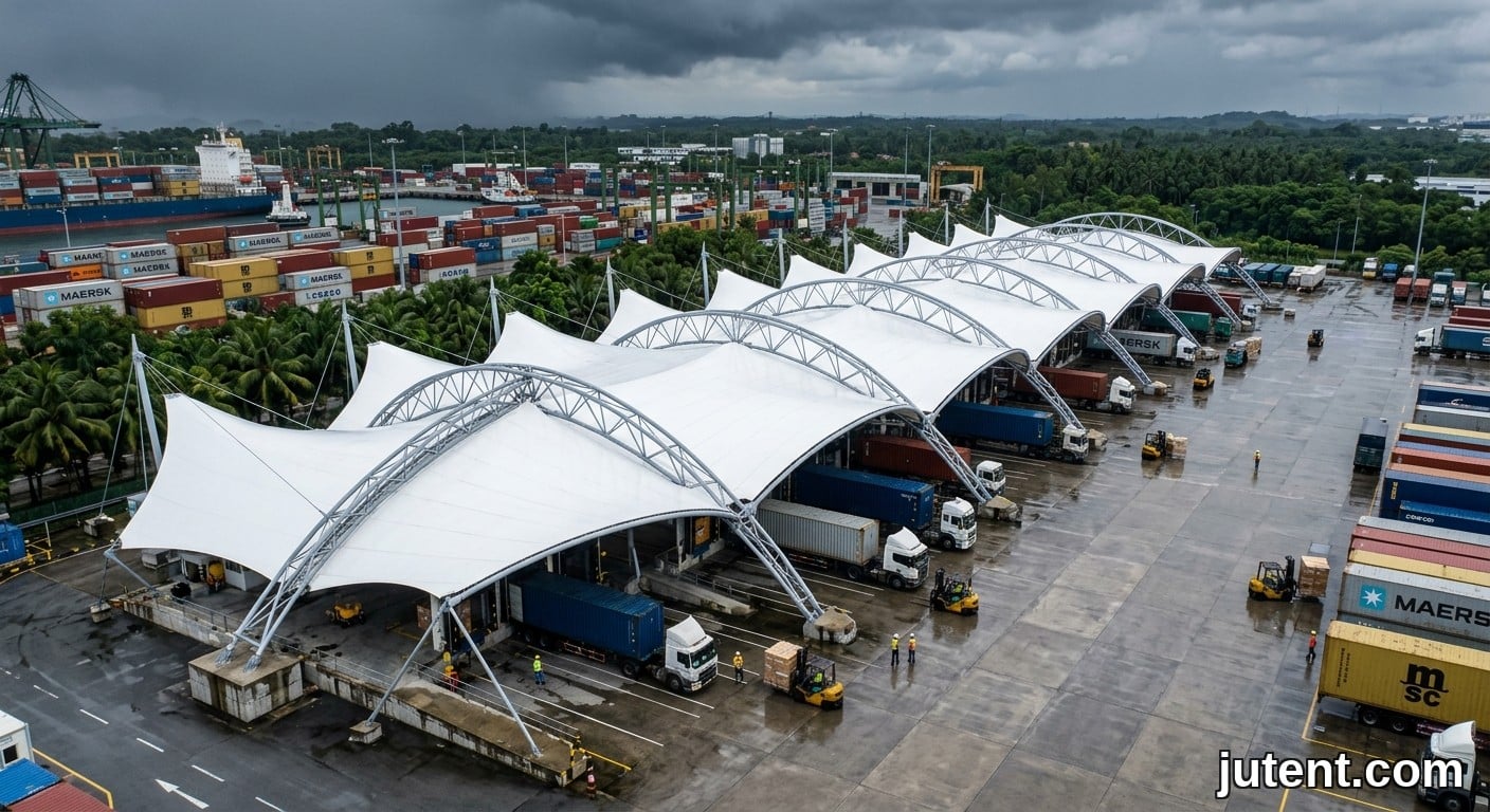 Foto dron dari atas sebuah pelabuhan Asia Tenggara dengan kanopi dermaga muatan membran tegangan putih melindungi trak dan barangan semasa hujan monsun.
