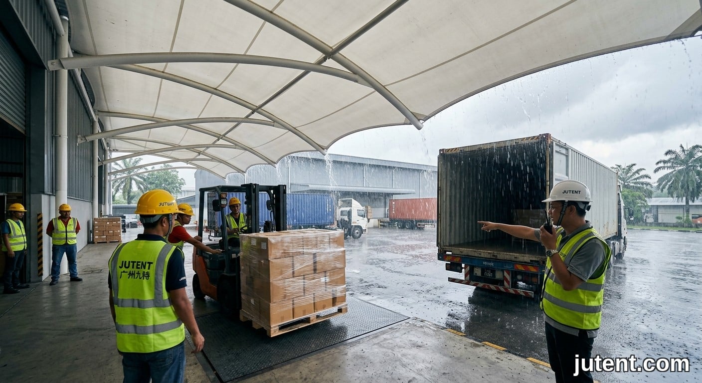 Foto gaya hidup menunjukkan pekerja Asia berbaju keledar kuning dan rompi JUTENT mengendalikan forklift di bawah kanopi dermaga muatan membran tegangan putih semasa hujan lebat.