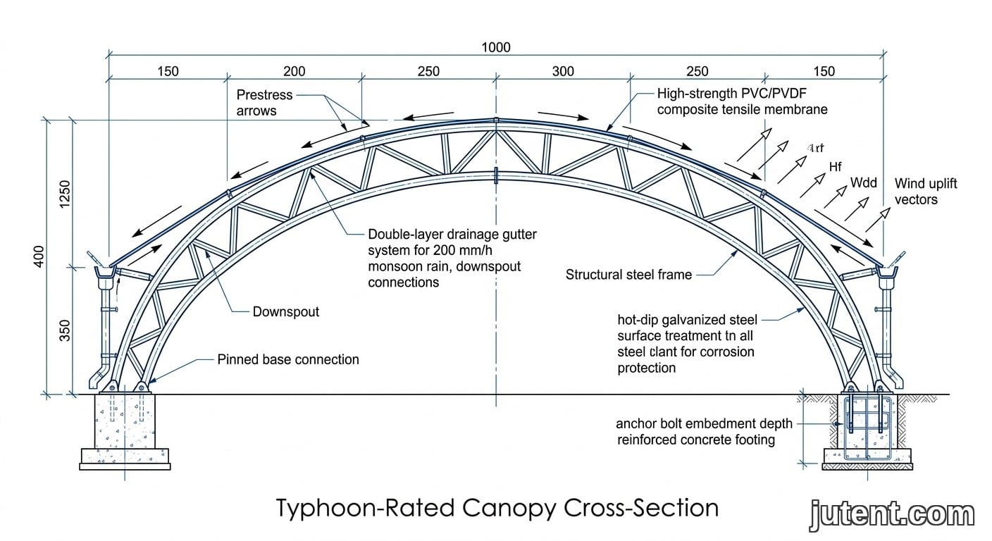 Technical cross-section of a typhoon-rated tensile membrane warehouse canopy with labeled anchor details and wind load vectors.