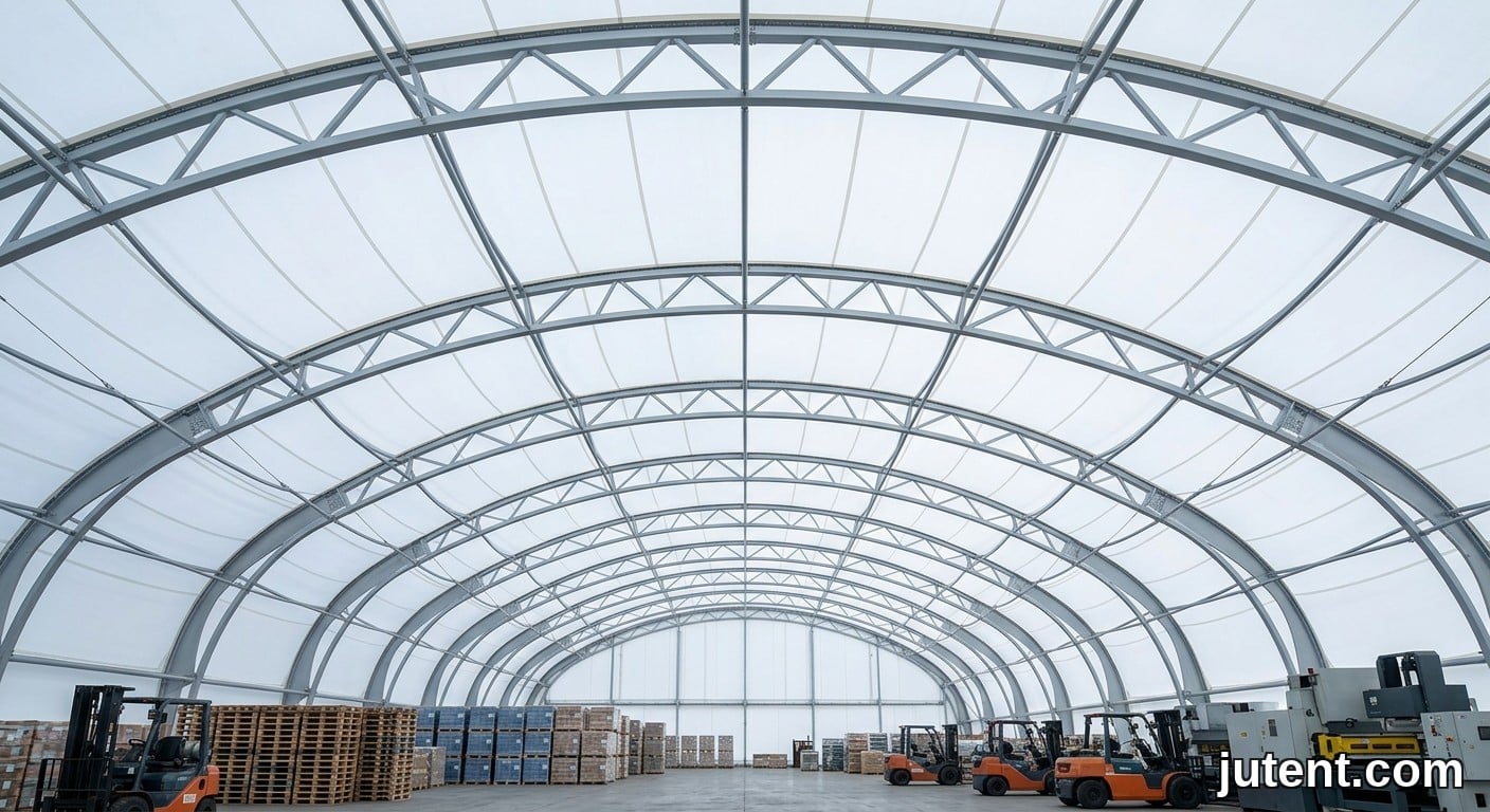 Looking straight up through a taut tensile membrane warehouse canopy, diffused daylight illuminates heavy assets stored below.