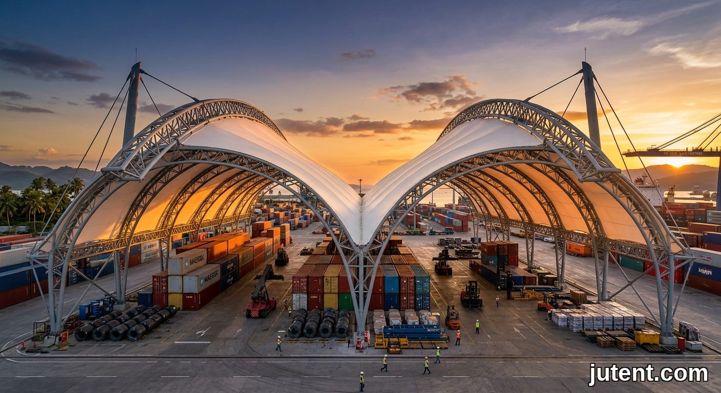 Wide architectural view of a typhoon-rated tensile membrane canopy sheltering heavy machinery at sunset in the Philippines.