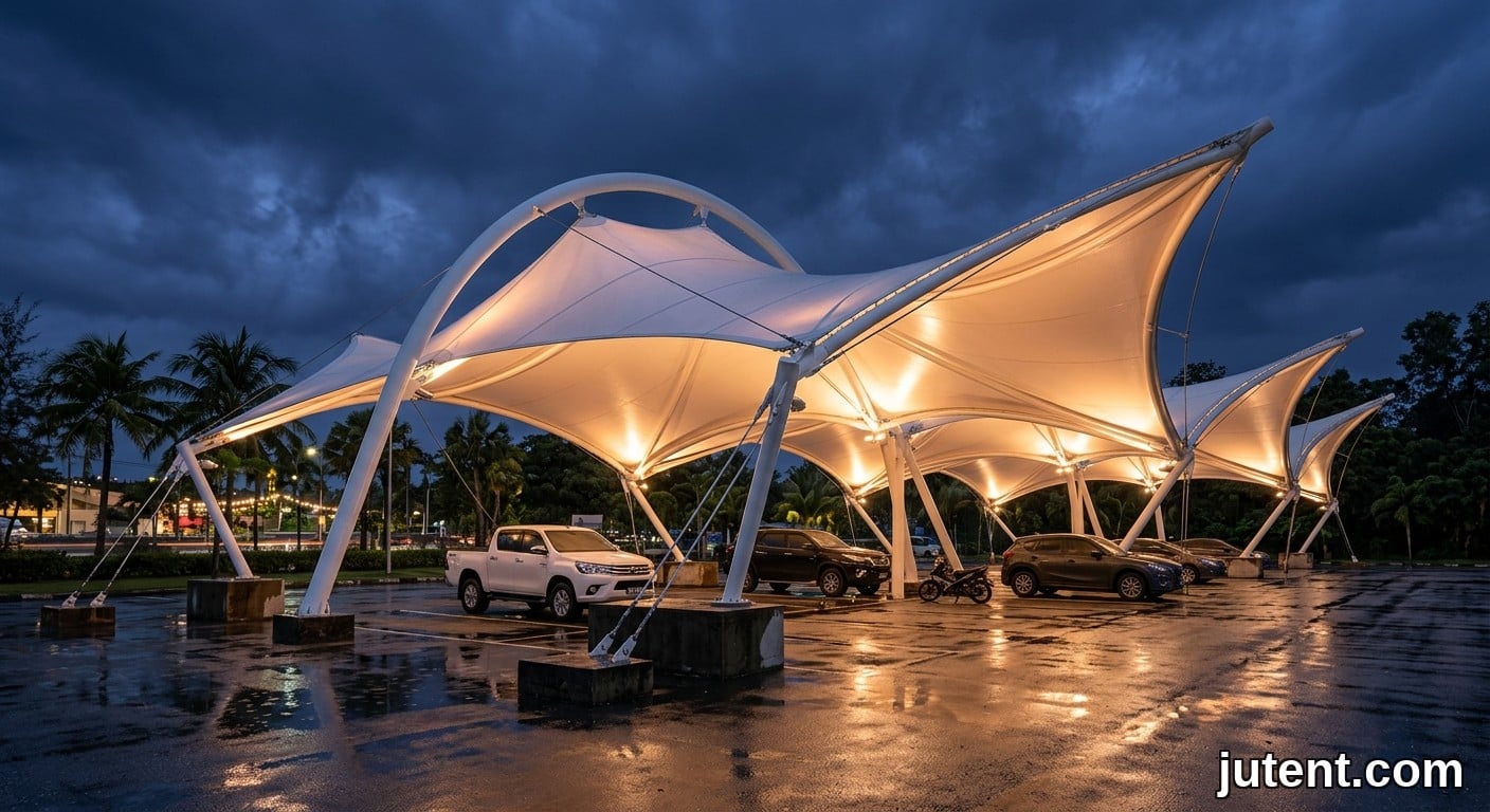 Night photograph of a modern tensile membrane carport with warm under-lighting, taut white canopy, and wet ground after a tropical storm in Southeast Asia.