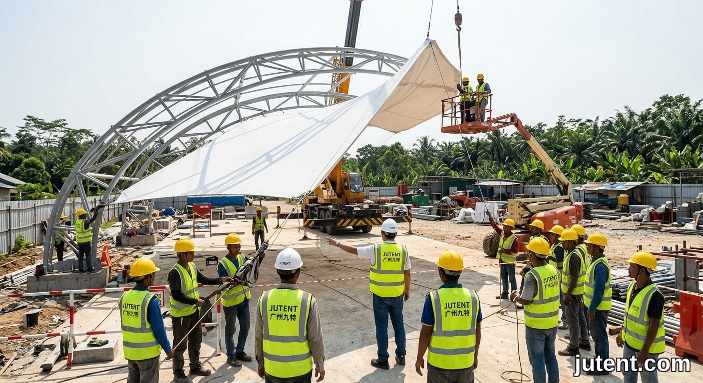 Wide-angle construction photo of workers in yellow JUTENT vests installing a white tensile fabric membrane over steel arches at a site in Indonesia, crane visible.