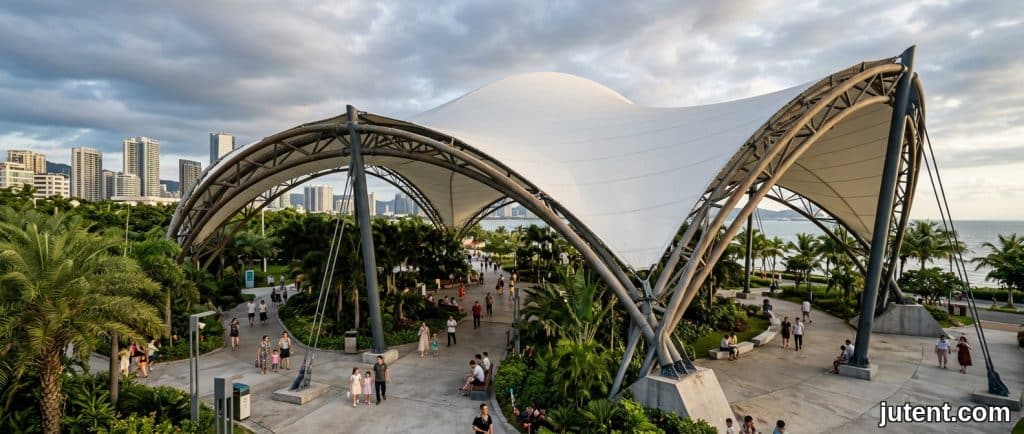 Estrutura de membrana tensionada – Coberturas para estacionamento com classificação para tufões em espaços públicos tropicais