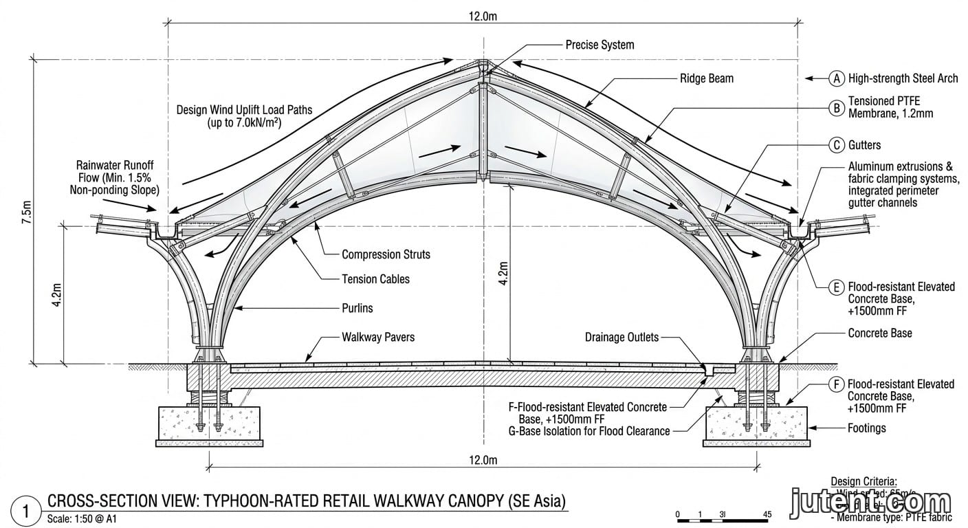 Coupe technique d’une passerelle en membrane tendue avec chemins de charge de vent, drainage des eaux pluviales et cadre en arc en acier.