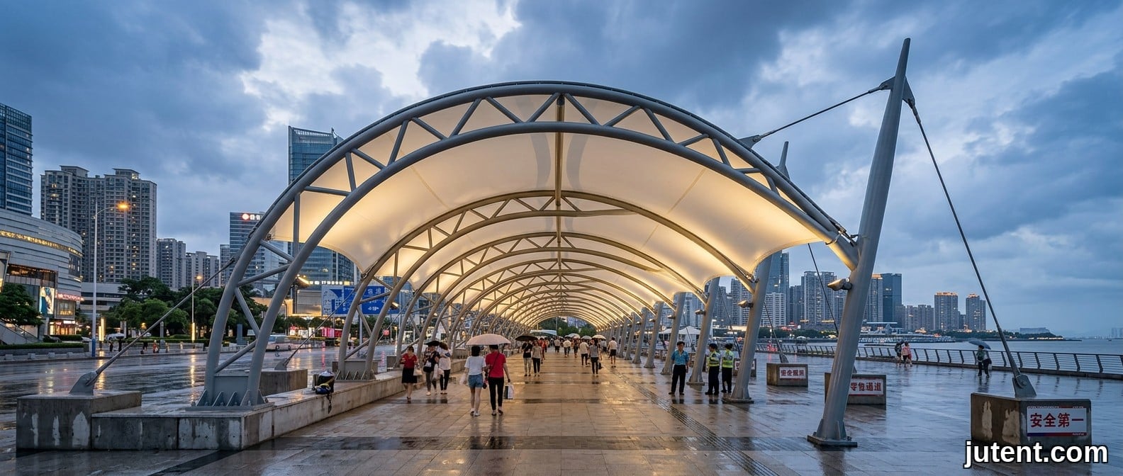 Engineered tensile membrane retail walkway canopy in tropical Southeast Asia, designed with typhoon-rated drainage and UV-resistant fabric for flood prevention in commercial developments