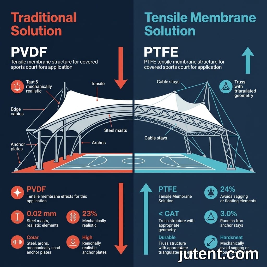 Infographie comparant les matériaux de membrane de tension PVDF et PTFE pour les canopées de terrains de sport avec des données sur le coût, la durée de vie et les applications