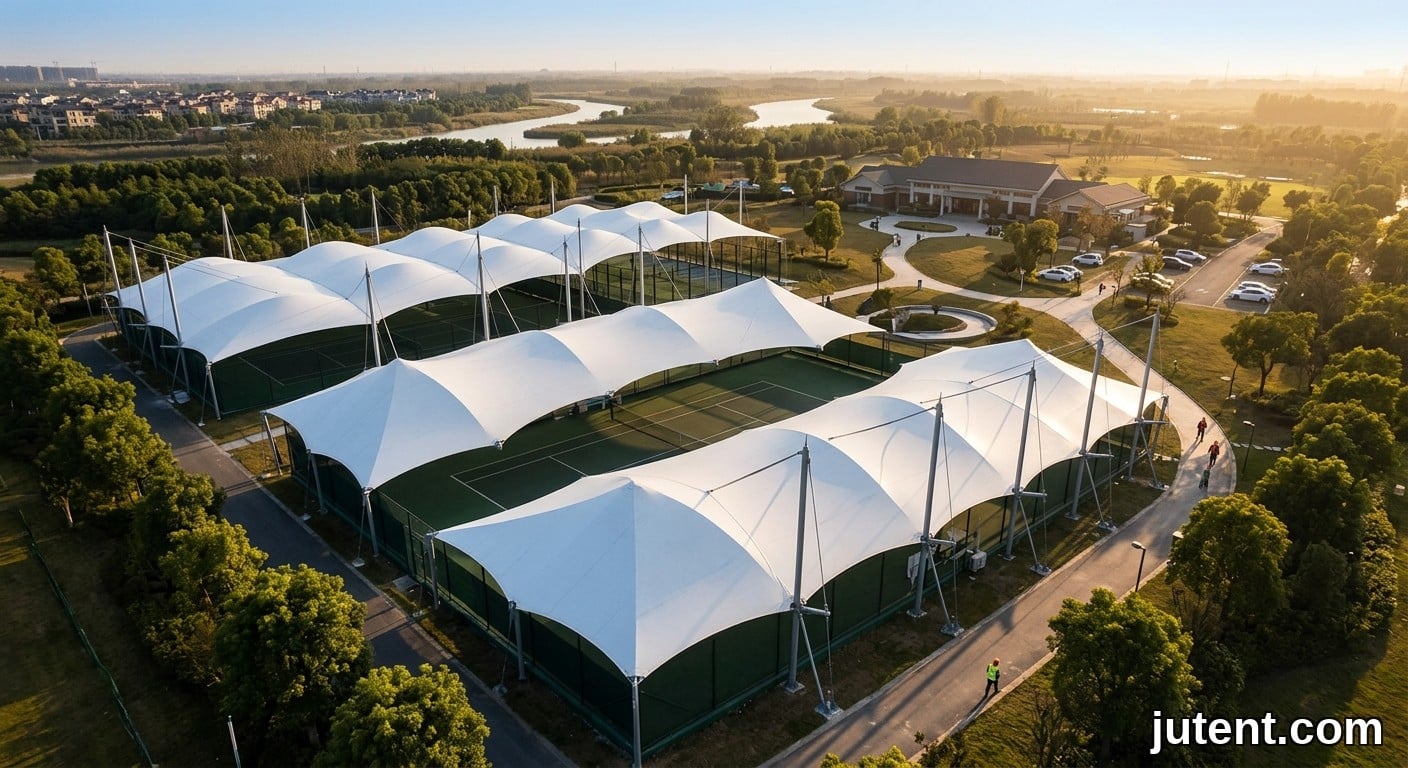 Vue aérienne par drone de trois courts de tennis couverts par des canopées en membrane de tension blanche avec des mâts de support en acier incurvés à l'heure dorée