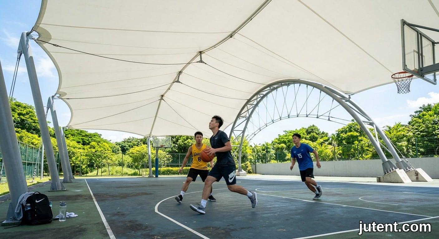 Joueurs de basket-ball en compétition sur un terrain extérieur abrité par un auvent en tissu tendu blanc incurvé par une journée ensoleillée
