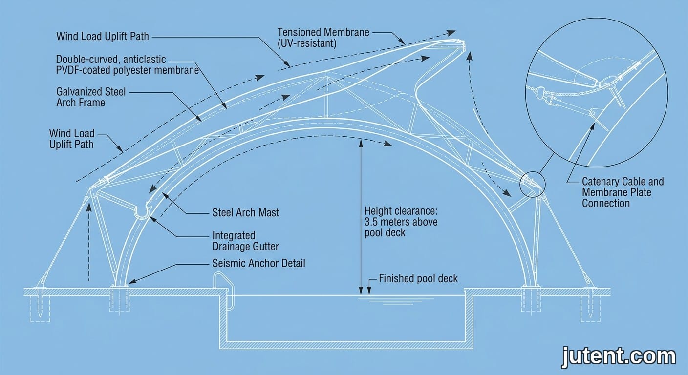 Diagrama de sección transversal de ingeniería de una sombra para piscina de membrana tensada clasificada para tifones que muestra las rutas de carga del viento, los detalles de anclaje y la tela tensada sobre un arco de acero.
