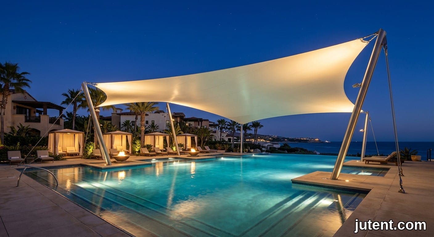 Fotografía nocturna de una piscina de resort bajo una sombra de membrana tensada blanca brillante, con luz cálida reflejada en el agua, palmeras y un cielo crepuscular.