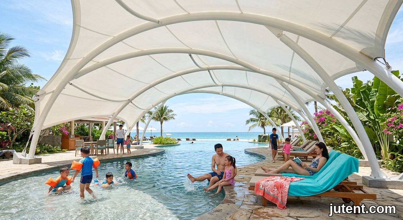 Familias asiáticas felices jugando en una piscina de resort bajo una amplia sombra de membrana tensada, con luz solar suave filtrándose a través de la tela blanca en un día tropical brillante.