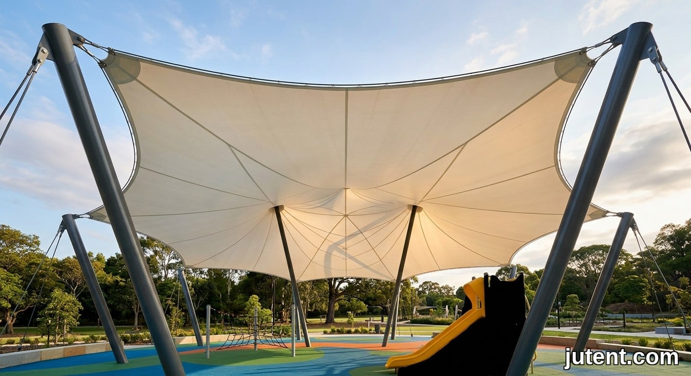 Olhando de baixo para uma estrutura de sombreamento de playground de membrana tênsil branca, mostrando tecido esticado, bordas curvas e luz do dia suave e difusa.