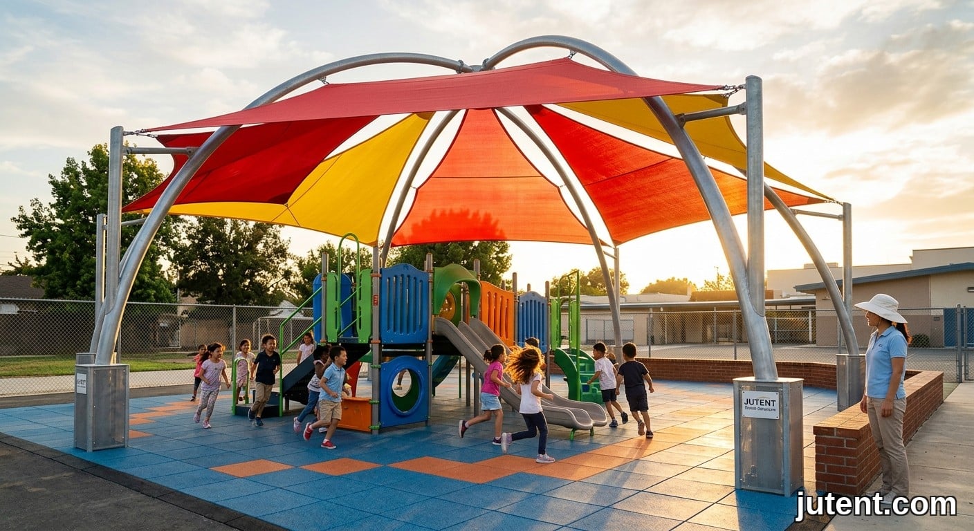 Crianças brincando felizes sob uma grande cobertura de membrana tênsil vermelha e amarela em um playground, demonstrando proteção solar UPF 50+.
