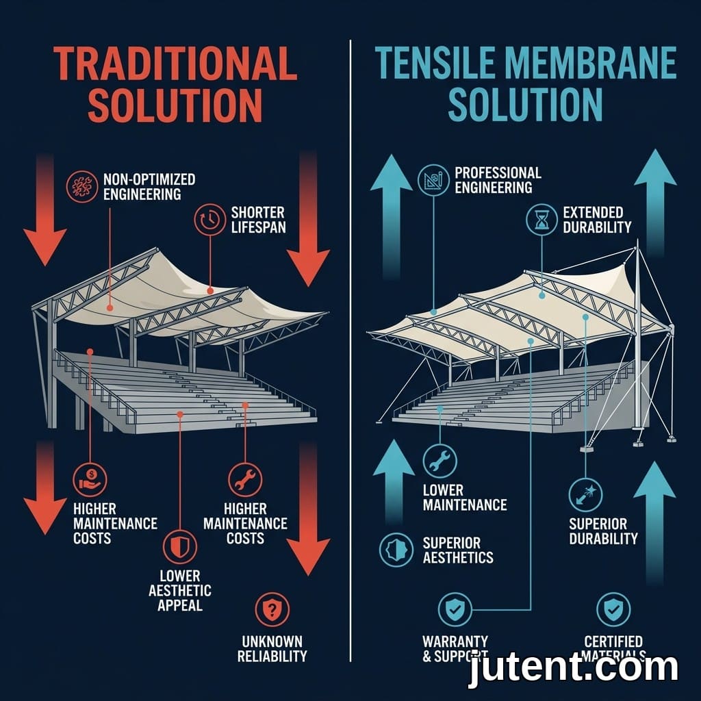 Infografik perbandingan antara pengeluar kanopi grandstand membran tegangan yang disahkan dengan pembekal yang tidak disahkan, menonjolkan pemeriksaan kualiti utama dan risiko kos.
