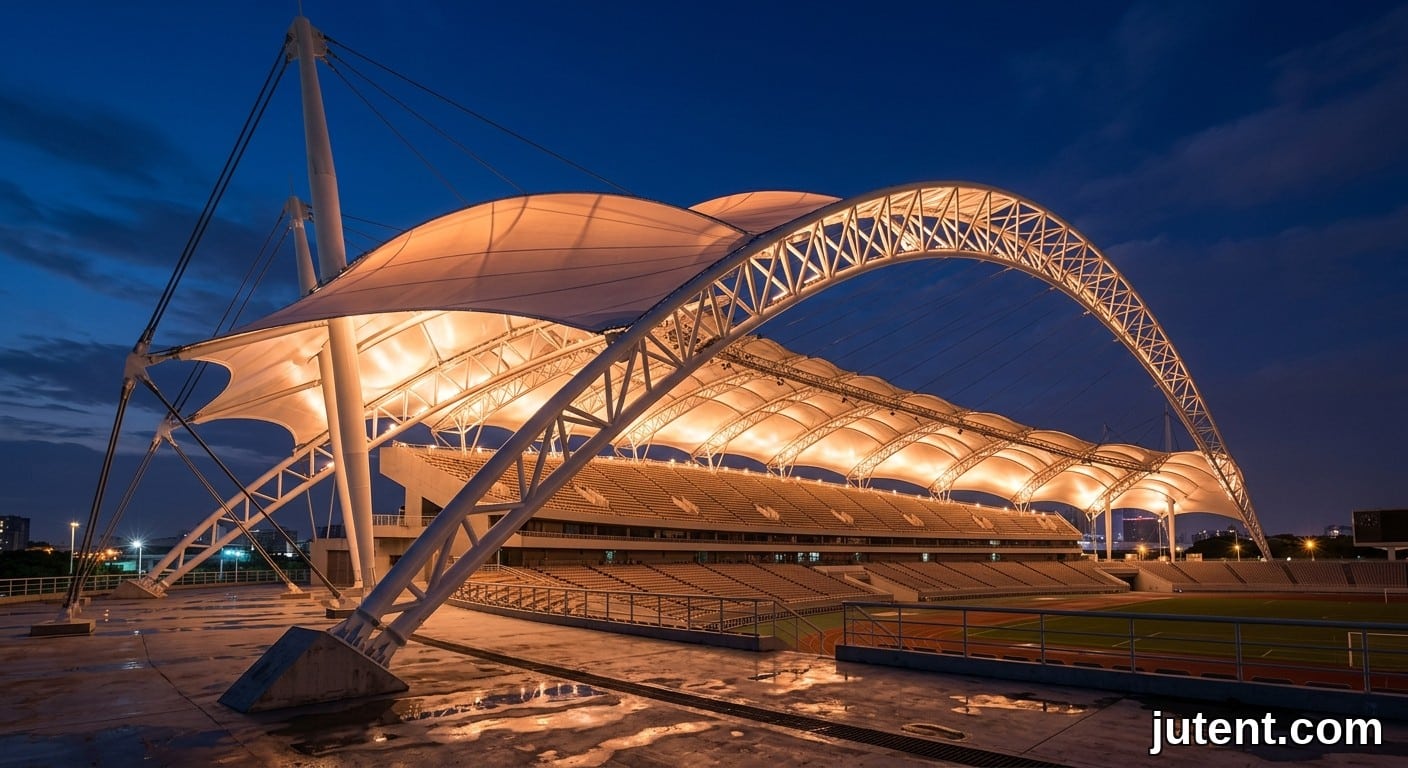 Fotograf malam realistik bagi grandstand stadium besar yang dilitupi kanopi membran PTFE bercahaya dengan gerbang keluli dan lampu sorotan.