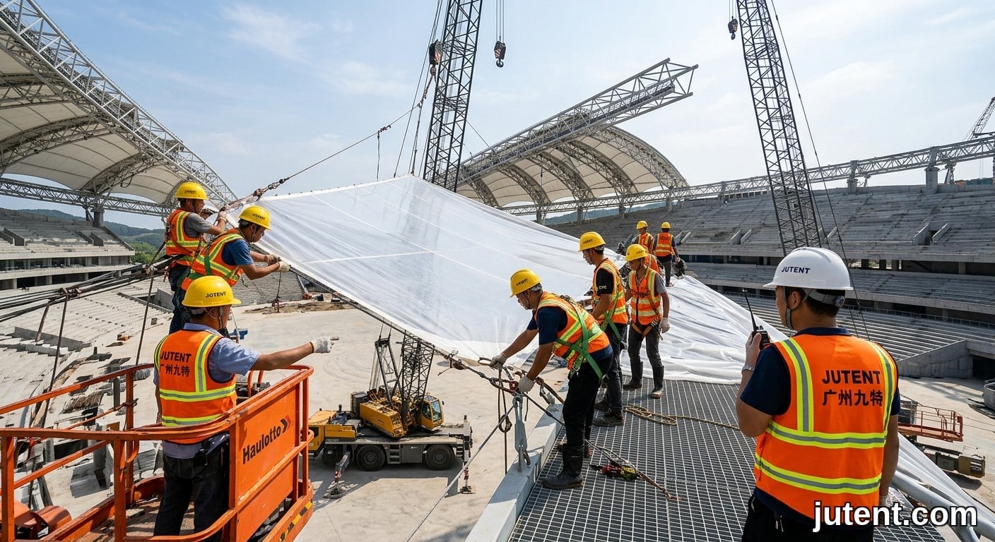 Pekerja pembinaan berbaju JUTENT memasang panel membran tegangan pada gerbang keluli grandstand stadium semasa pembinaan pertengahan.