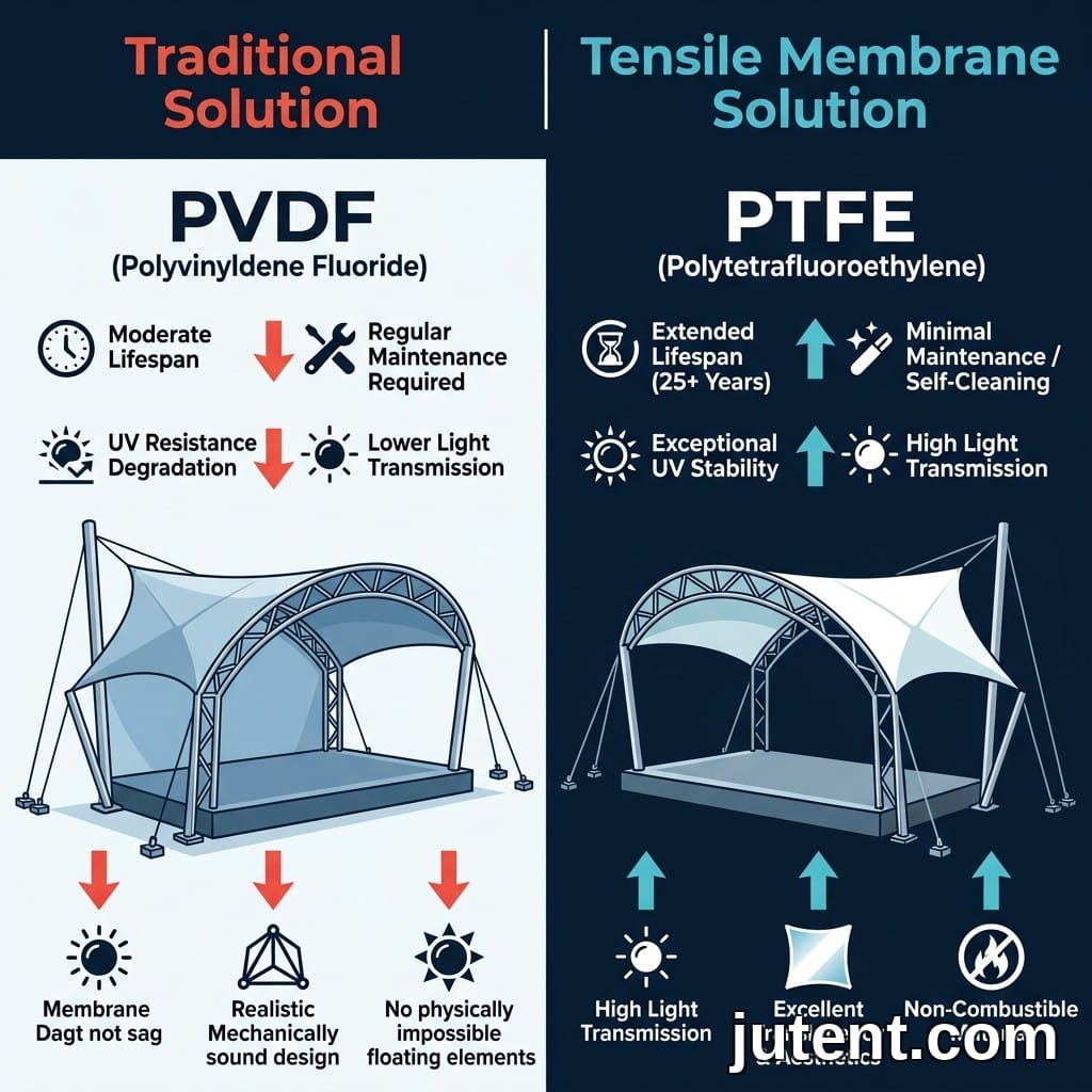 Infographic comparing PVDF and PTFE tensile membrane specs: UV resistance, fire rating, acoustics, cost for outdoor stage canopies.