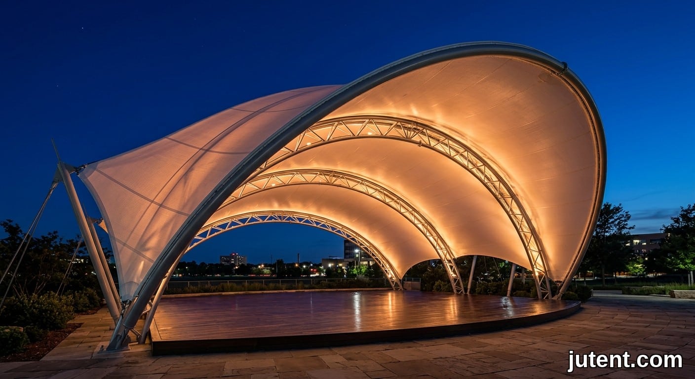Night view of a PTFE tensile membrane stage canopy glowing under warm lights against a twilight sky.