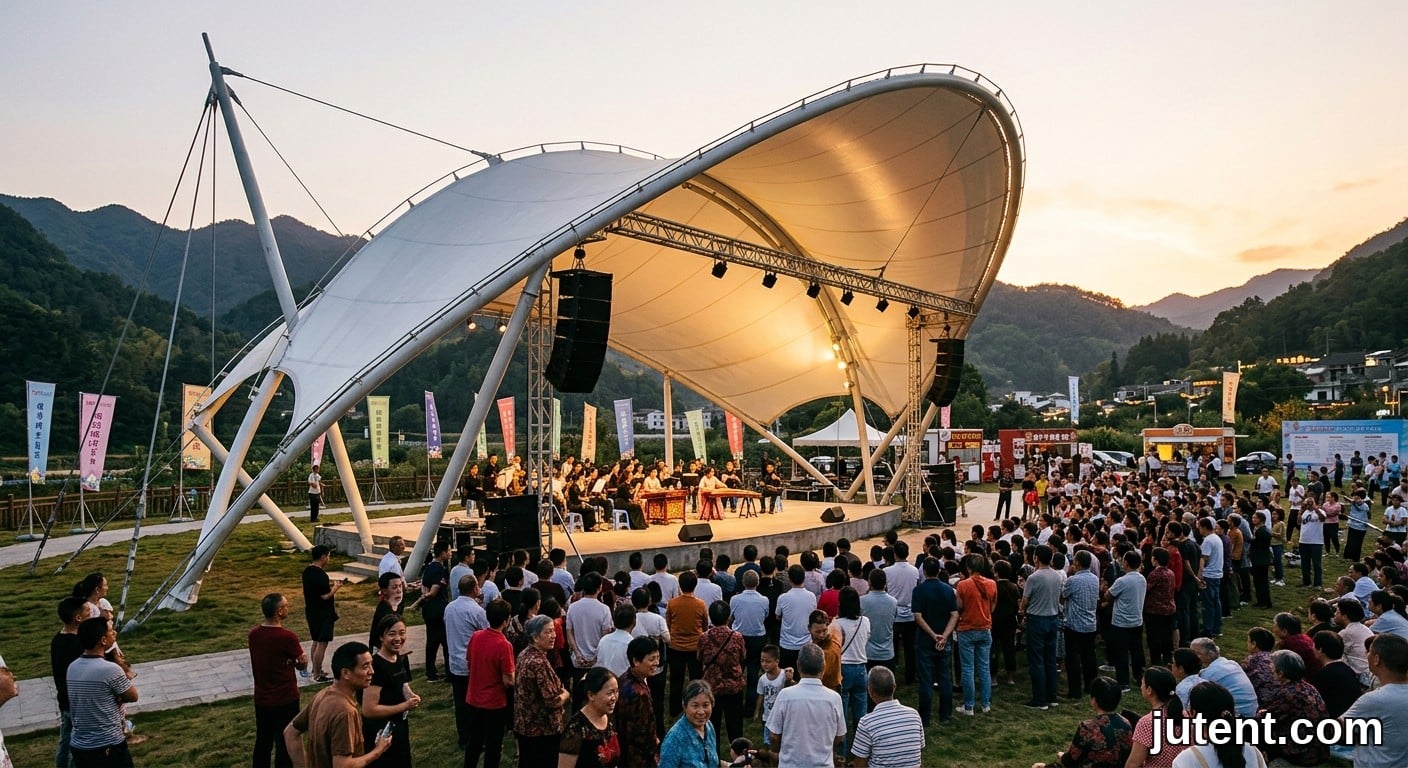 Chinese audience enjoying festival performance beneath a PVDF tensile membrane structure at golden hour.